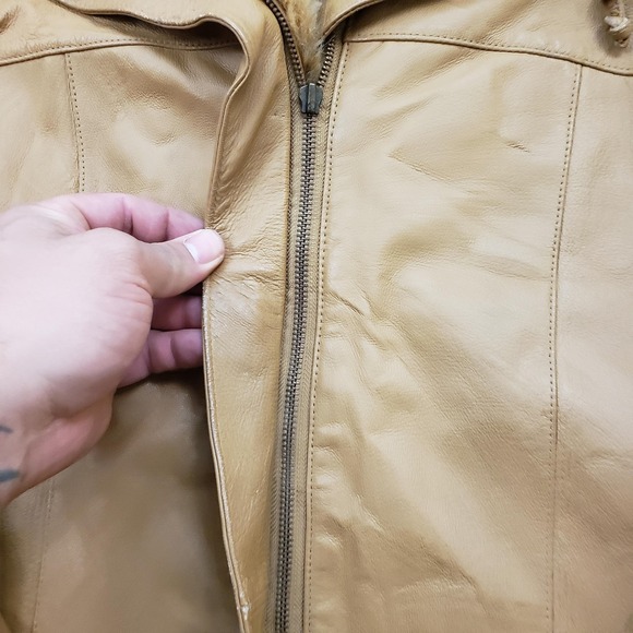 VINTAGE Fitzwright Jacket Womens Large Tan Leather Hooded Faux Fur Parka Coat - Picture 4 of 14